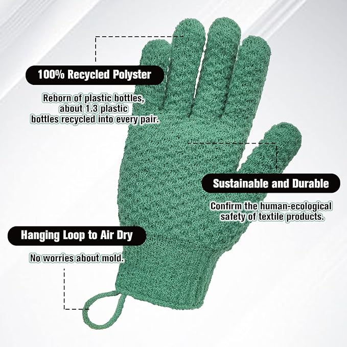 Evridwear Exfoliating Recycled Yarn Eco-Friendly Bath Gloves for Shower, Spa, Massage and Body Scrubs, Dead Skin Cell Remover, Ingrown Hair, Scratching, Gloves with Hanging Loop (1 Pair Heavy Glove)