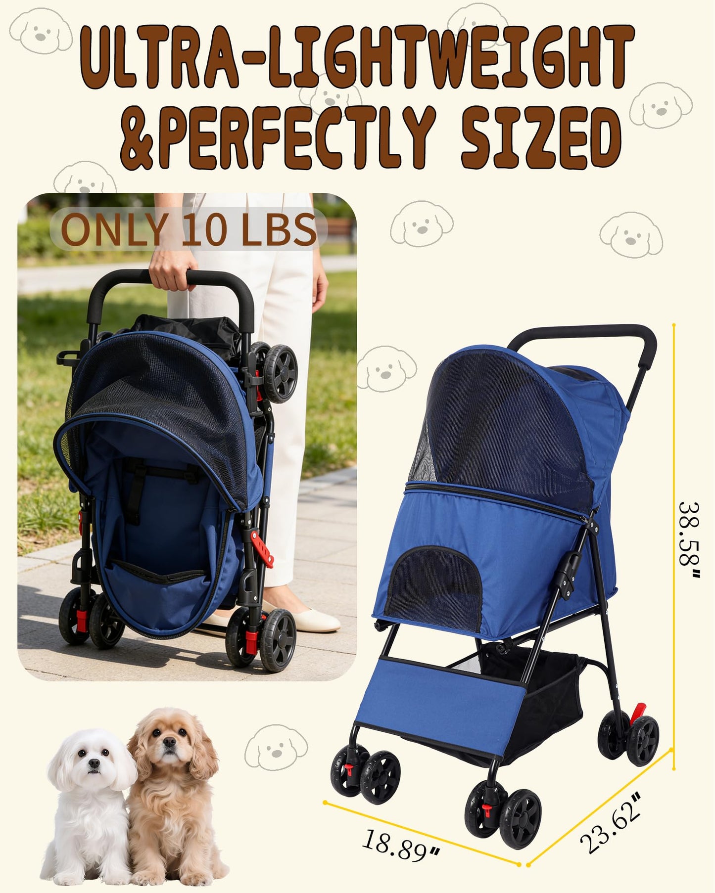 Pet Stroller for Small Medium Dogs Cats - Lightweight 10lbs Foldable Dog Stroller, Breathable Mesh & Safety Tether, 33lbs Capacity with Locking Wheels, Storage Basket for Outdoor Walks-Blue