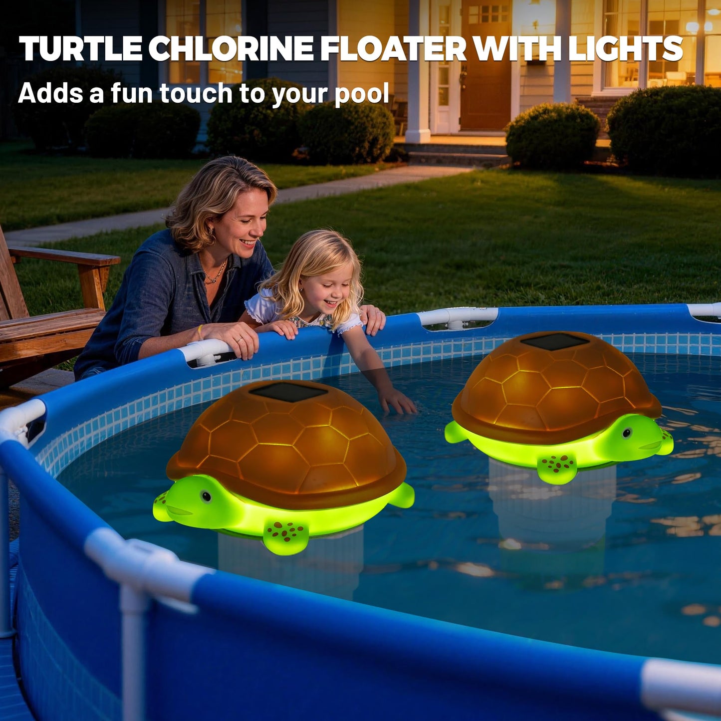 Chsuiwe Pool Chlorine Floater with Light, Turtle Solar Chlorines Floaters with Adjustable Release, Chlorine Floater for 4 * 3'' Disks, Easy Opening Floating Pool chlorines Dispenser for Swimming Pool