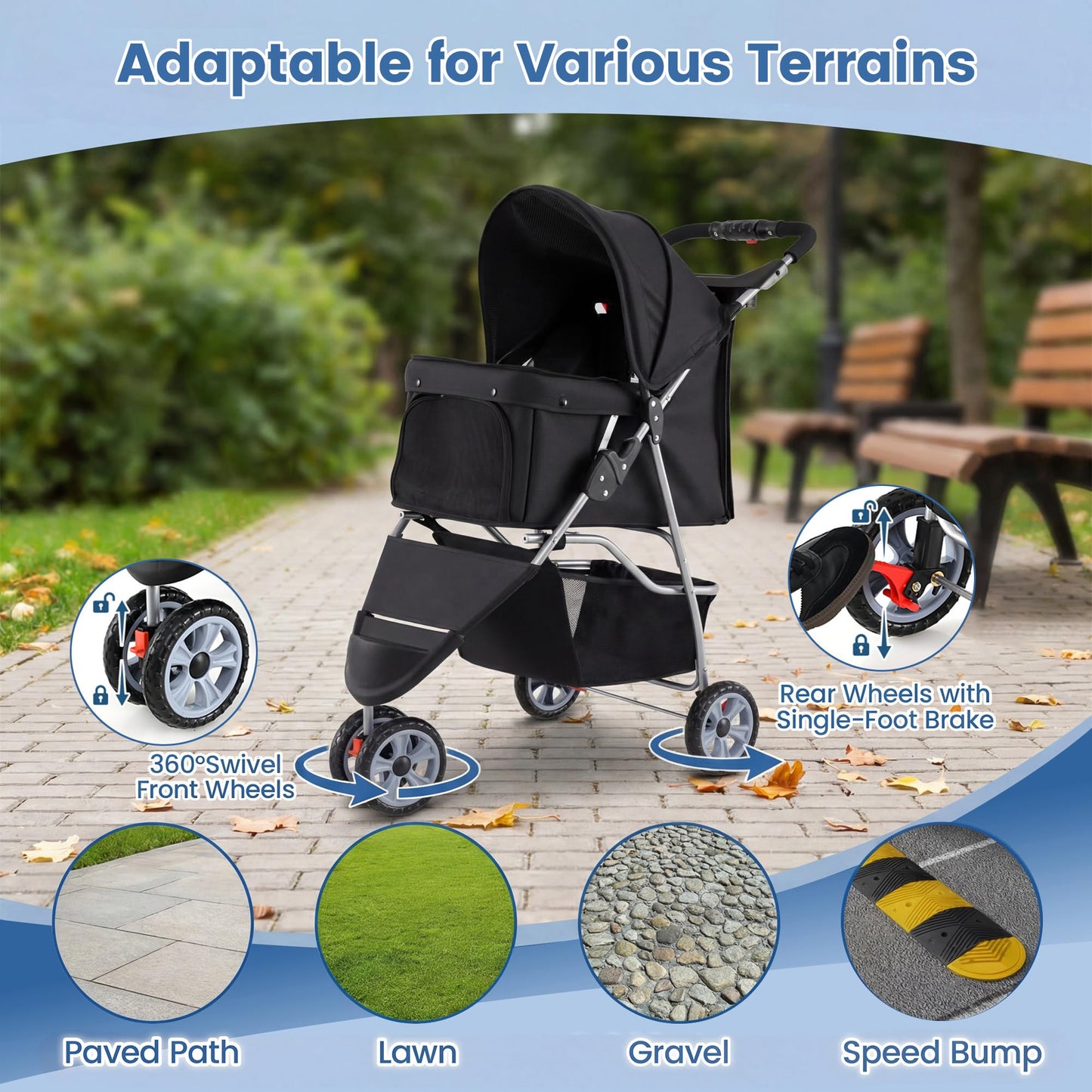 Giantex 3 Wheel Foldable Dog Stroller for Small Dogs Cats, Lightweight Pet Stroller with Lockable Wheels, One-Hand Quick Fold, Mesh Windows, Safety Leash & Storage Basket, Pet Travel Stroller (Black)