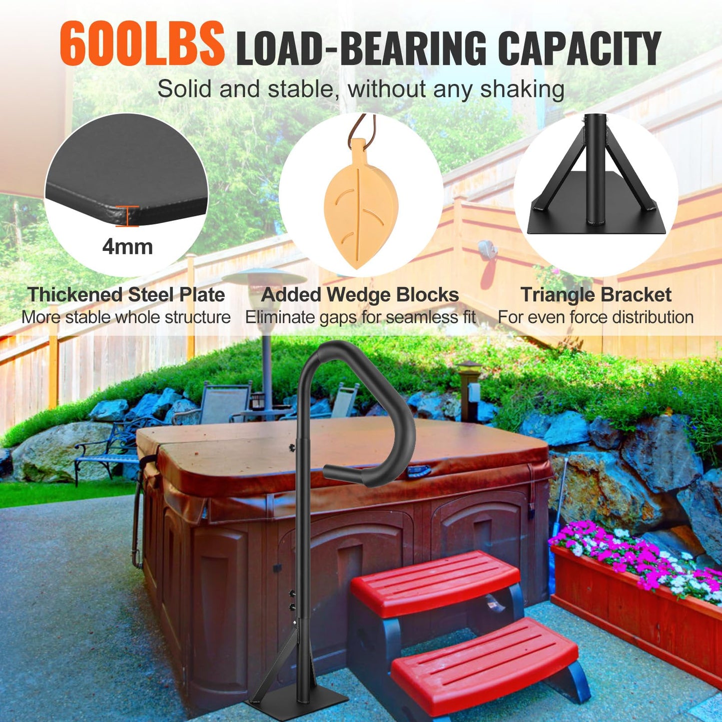 VEVOR Hot Tub Handrail, 360 Rotatable Spa Side Handrail with 48"-63" Adjustable Height, Rust-Proof Aluminum Spa Hot Tub Hand Rail with Slide-Under Mount Base for Indoor & Outdoor, 600LBS Capacity