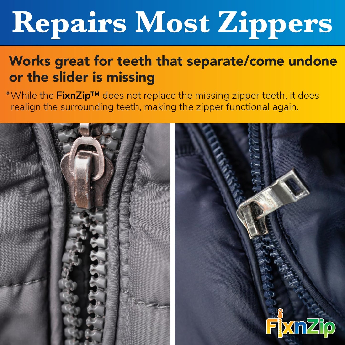 FixNZip Small, Medium, and Large Black Nickel Zipper Repair Kit Bundle | Universal No-Sew Slider Replacement for All Apparel Needs | Instant and Reusable Zipper Repair Tool | Sizes 1-10