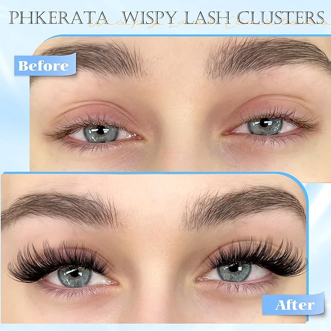 PHKERATA Wispy Eyelash Clusters Natural Lash Clusters 120 pcs Cluster Eyelash Extensions Wispy D Curvature Individual Lashes Reusable DIY Lash Extension Thin Lash Band