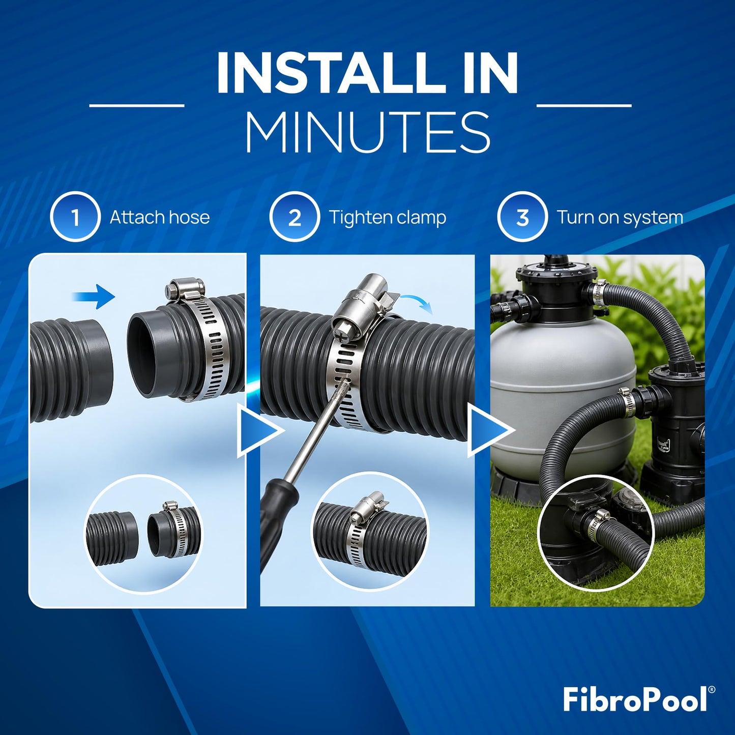 FibroPool Universal Pool Hose Install Kit - Fits 1.5 in Connections - 6 ft - Plastic & Alloy Steel