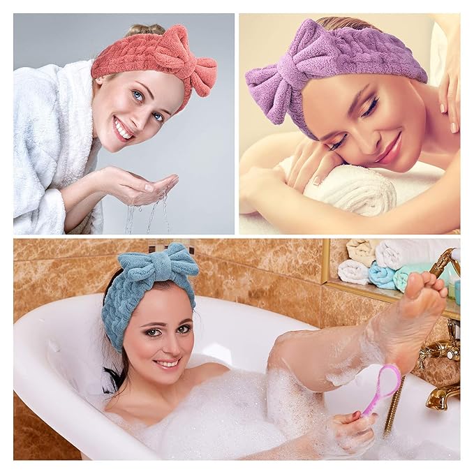 Hicarer 3 Piece Microfiber Bowtie Hairband Set for Women - Chic Purple, Chic Red, Turquoise - Securing Hair, Shower, Facial - Hair Accessories