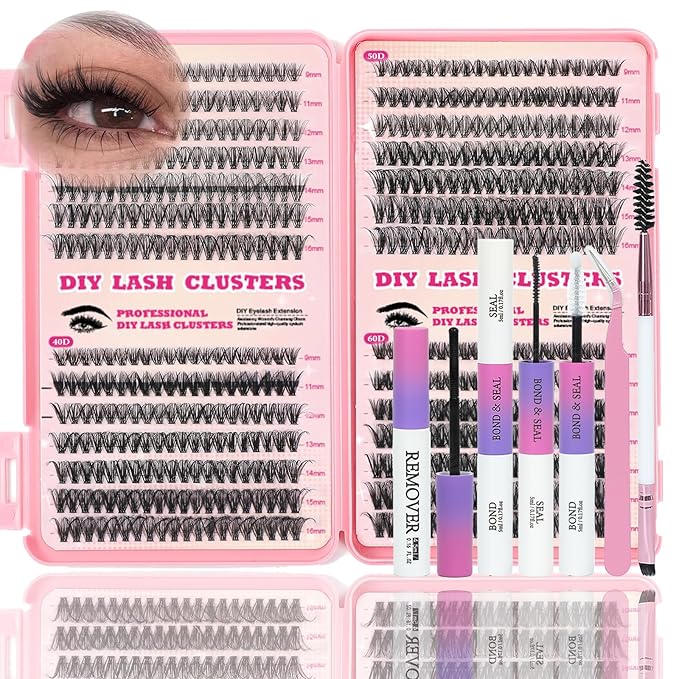 Lash Clusters Kit, 560 Pcs Eyelashes Clusters Kit 9-16mm Individual Lash Extension Kit D Curl Fluffy Wispy False Eyelashes (30D+40D+50D+60D, Lash Clusters Kit)
