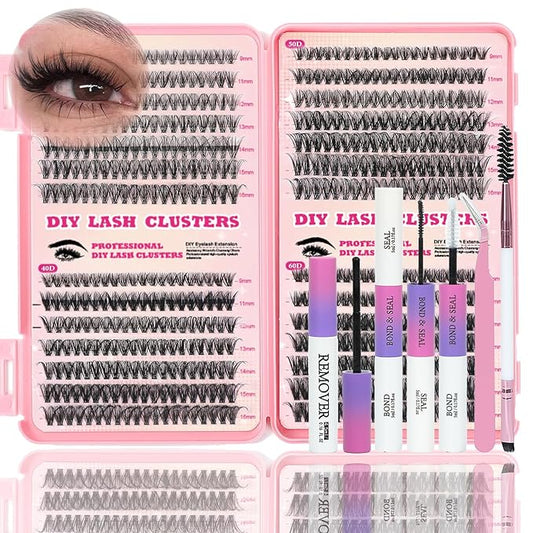 Lash Clusters Kit, 560 Pcs Eyelashes Clusters Kit 9-16mm Individual Lash Extension Kit D Curl Fluffy Wispy False Eyelashes (30D+40D+50D+60D, Lash Clusters Kit)