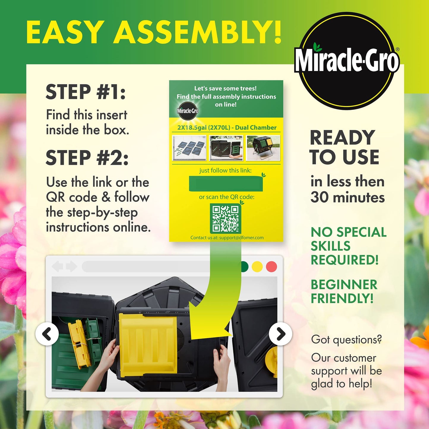 Miracle-Gro Dual Chamber Compost Tumbler – Easy-Turn, Heavy-Duty Outdoor Bin Composter with 2 Sliding Doors (2x18.5 Gal/70L