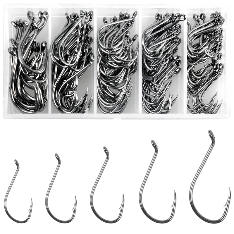 Carbon Steel Fishing Hooks Kit,110pcs/145pcs Saltwater Octopus Fishing Hook with Barbs Fish Circle Hook Freshwater Bass Fishing Hook Mix Size with Fish Tackle Box 145pcs
