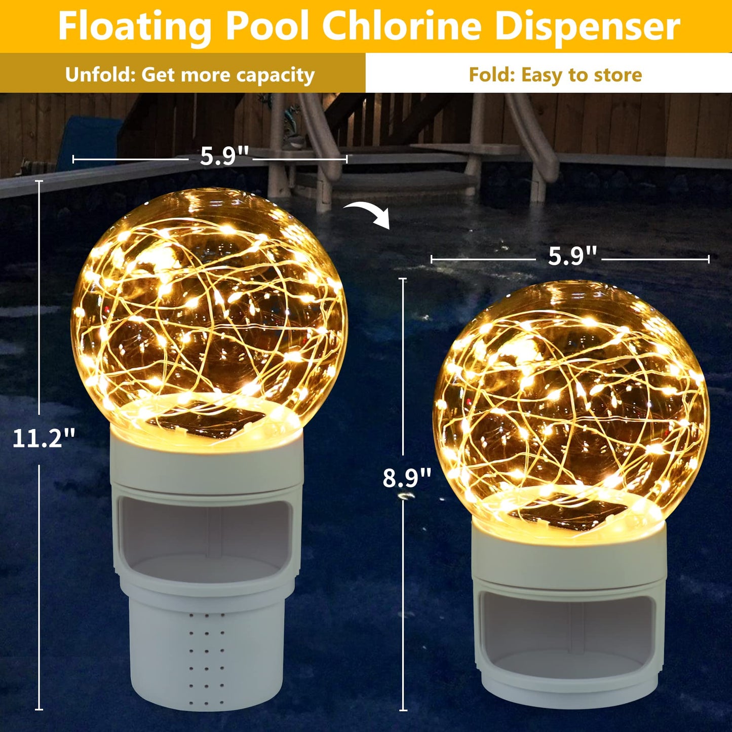 FineBud Pool Chlorine Floater with Solar Ball Lights, Floating Pool Chlorines Dispenser for 4x3” Chlorine Tablets, Easy Opening chlorines Tablet Holder Floater, Anti-Sinking Spa Chemical Dispenser