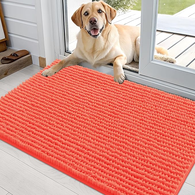 OLANLY Dog Door Mat for Muddy Paws 36x24, Ultra Absorbent Chenille Mud Doormat, Non-Slip Washable and Dirt Trapping Doormat for Indoor Entryway, Quick-Dry Indoor Pet Bed Mats for Dogs, Coral