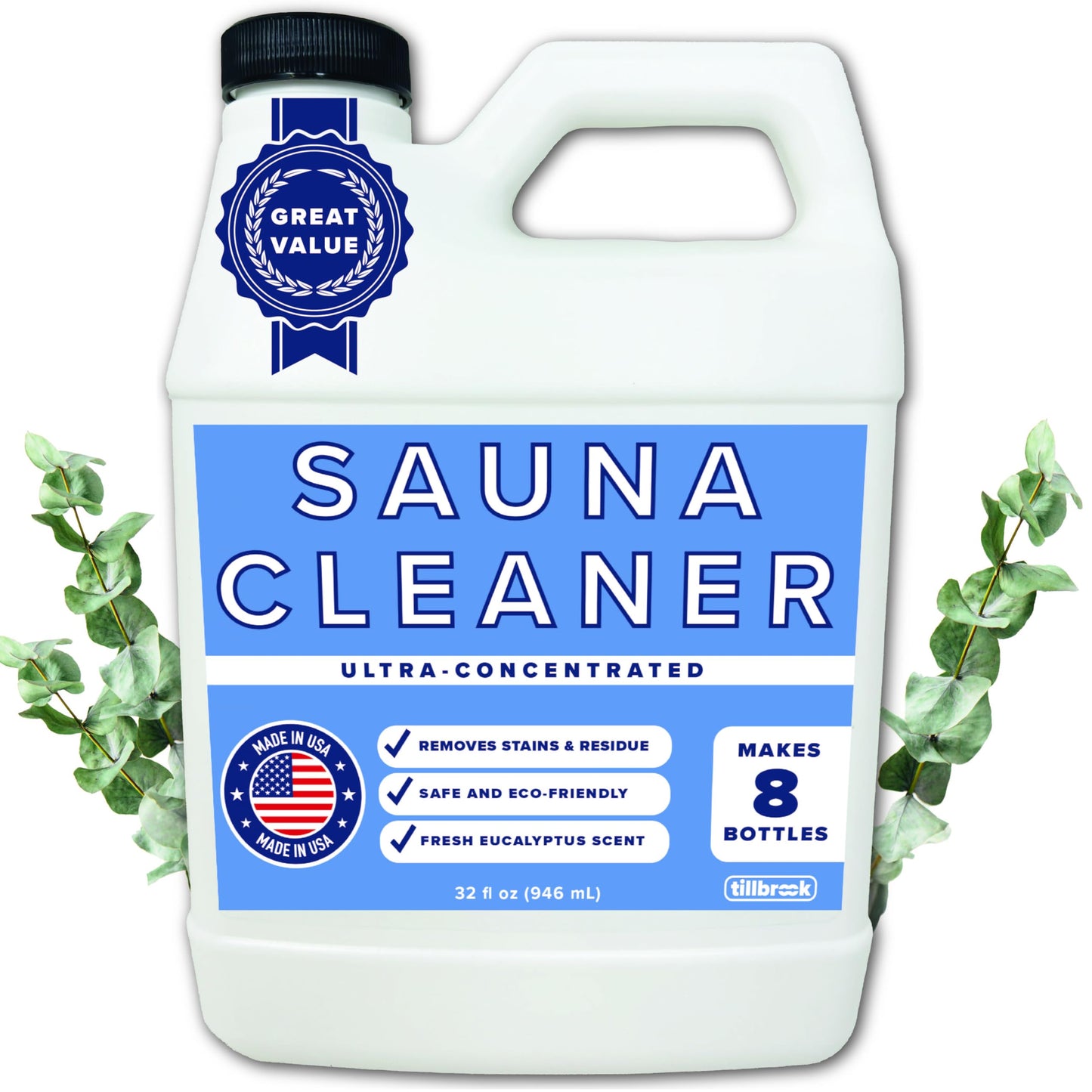 Tillbrook Sauna Cleaner - Makes 4 Gallons Concentrated Sauna Wood Cleaner - 32 oz All-Natural Cleaning Solution for Saunas - Safe for All Surfaces - Removes Grease, Sweat, & Dirt - Eucalyptus Scent