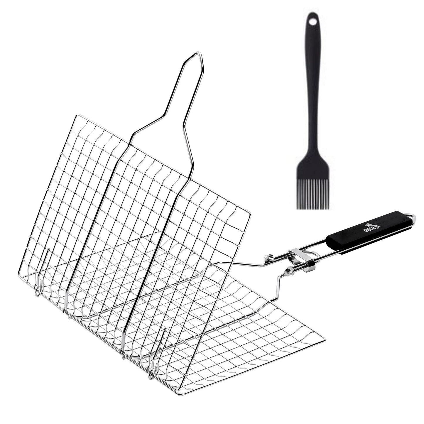 UNCO- Fish Grilling Basket, 2 Sets, Folding Portable Stainless Steel BBQ Grill Basket with Removable Handle and Silicon Basting Brush for Fish, Vegetables, Shrimp, Gifts for Dad, Husband & Friend