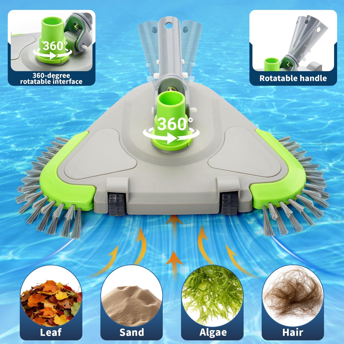 Sepetrel Upgraded Pool Vacuum Head with Wheels,Smart Swivel Handle & Swivel Hose Adapter,Weighted Triangular Shape Brush Head, for Inground/Above Ground Swimming Pools