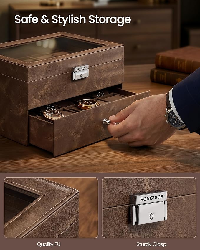 SONGMICS Watch Box, 20-Slot Watch Case Organizer with Large Glass Lid, Removable Pillows, Metal Lock, Gift for Loved Ones, Coffee Brown Synthetic Leather, Coffee Brown Lining UJWB020KZ02S