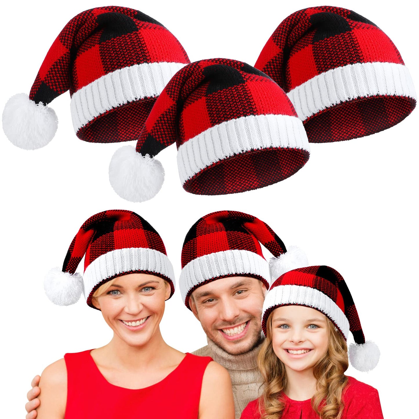 Loopeer 3 Pieces Christmas Hats Christmas Knitted Caps Winter Warm Beanie Plaid Hats with Pom Pom Santa(Red, Black)
