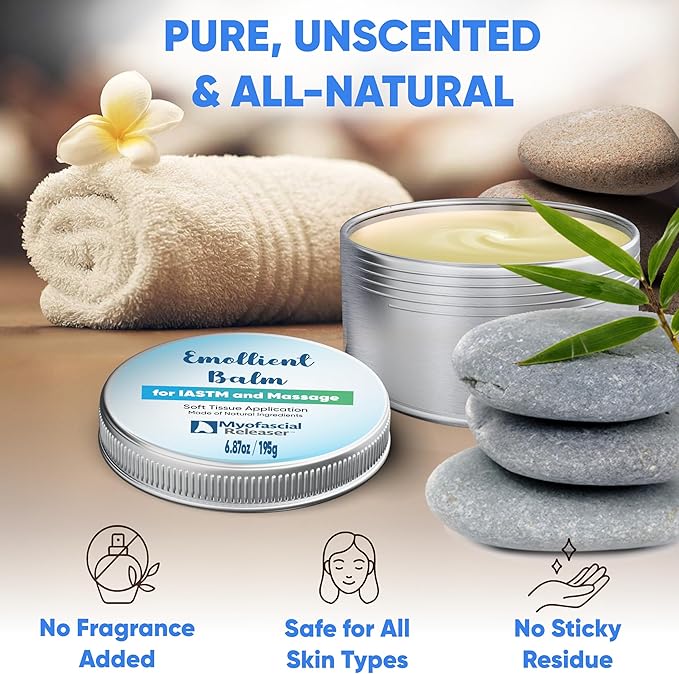 Myofascial Releaser Emollient Balm for IASTM & Gua Sha – Non-Greasy Massage Balm for Tool Glide and Bodywork – Natural, Hypoallergenic, Unscented Massage Balm Alternative to Oil (195g)