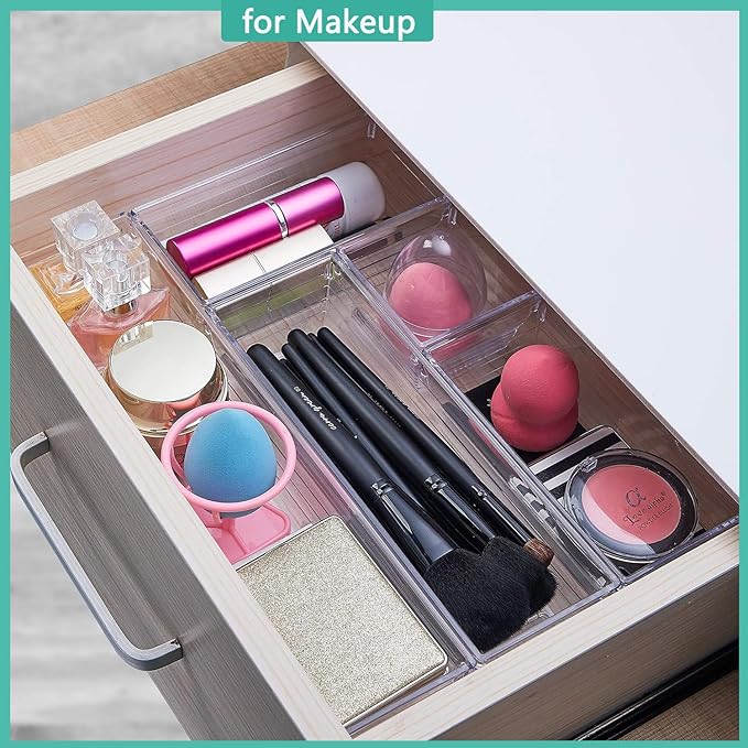 DCA 6 Pack Clear Drawer Organizer, Acrylic Drawer Storage Trays, Storage Bins for Makeup, Cosmetics, Jewelries, Utensils, Gadgets, Office