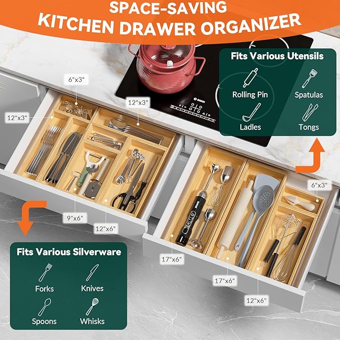 Lixple Bamboo Drawer Organizer, Small Silverware Organizer for Kitchen Drawer, Stackable Utensil Tray, 2 Pcs Flatware Organizer, Bamboo 6" x 3" x 2" (Outer), 5.3" x 2.3" x 1.77" (Inner)