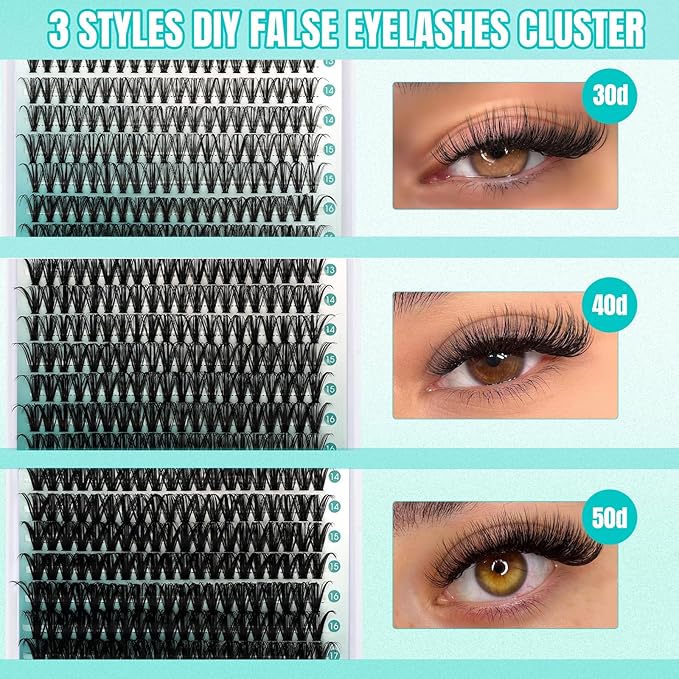 GEMERRY Lashes Clusters Kit Thick Lash Clusters 3 Styles 840Pcs Fluffy Lash Clusters Kit with Waterproof Bond and Seal Remover Tweezers for Beginners（30P+40P+50P）