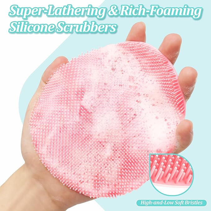 Silicone Back/Body/Face Scrubber & Soft Bath Glove Set 4PCS, Gentle Exfoliating Back & Body Scrubber with Dual-Side Brush Head, Hand-fit Bath Glove & Face Scrubber for Deep Cleaning(Pink-4PC)