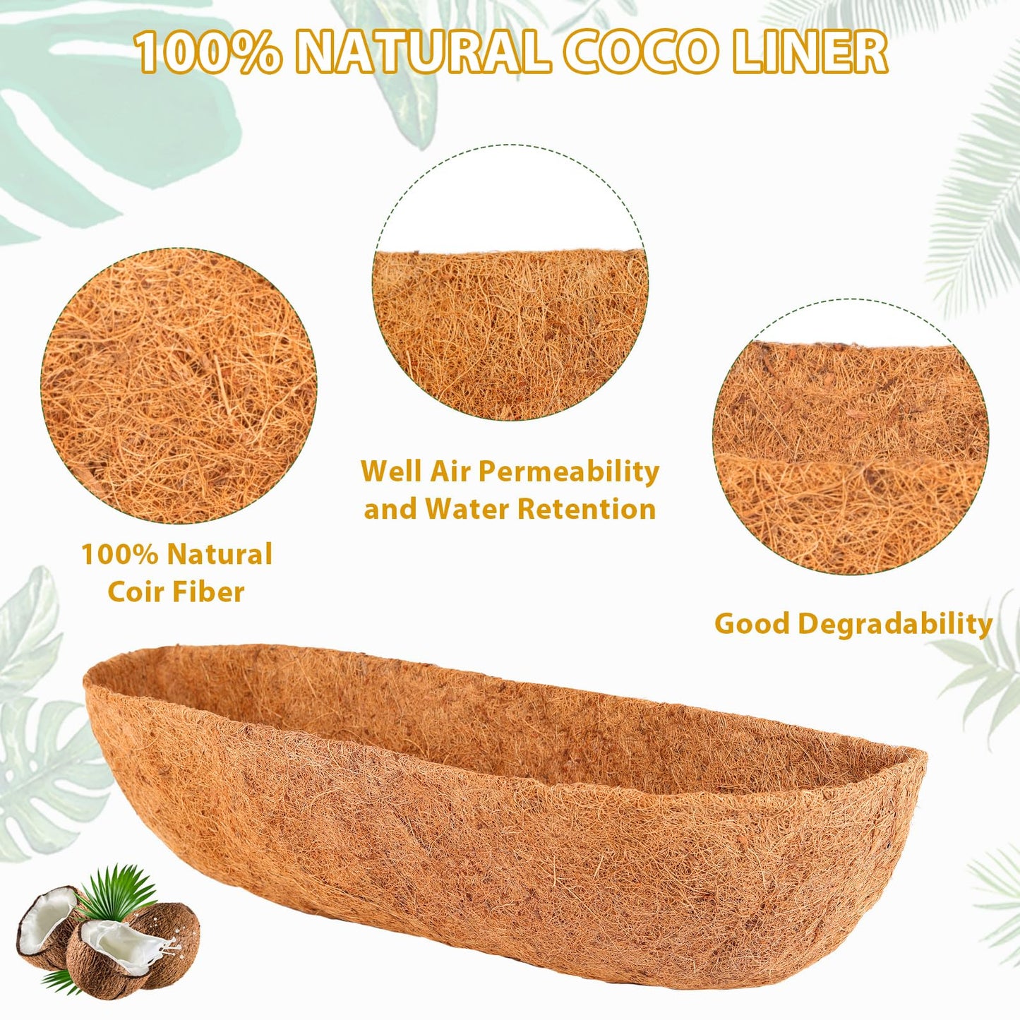 HKZ Coconut Liner for Planters - 2 Pcs 30 Inch Trough Coco Liners for Window Box, Natural Coconut Coir Fiber Planter Liners for Garden Fence Planter Flower Baskets