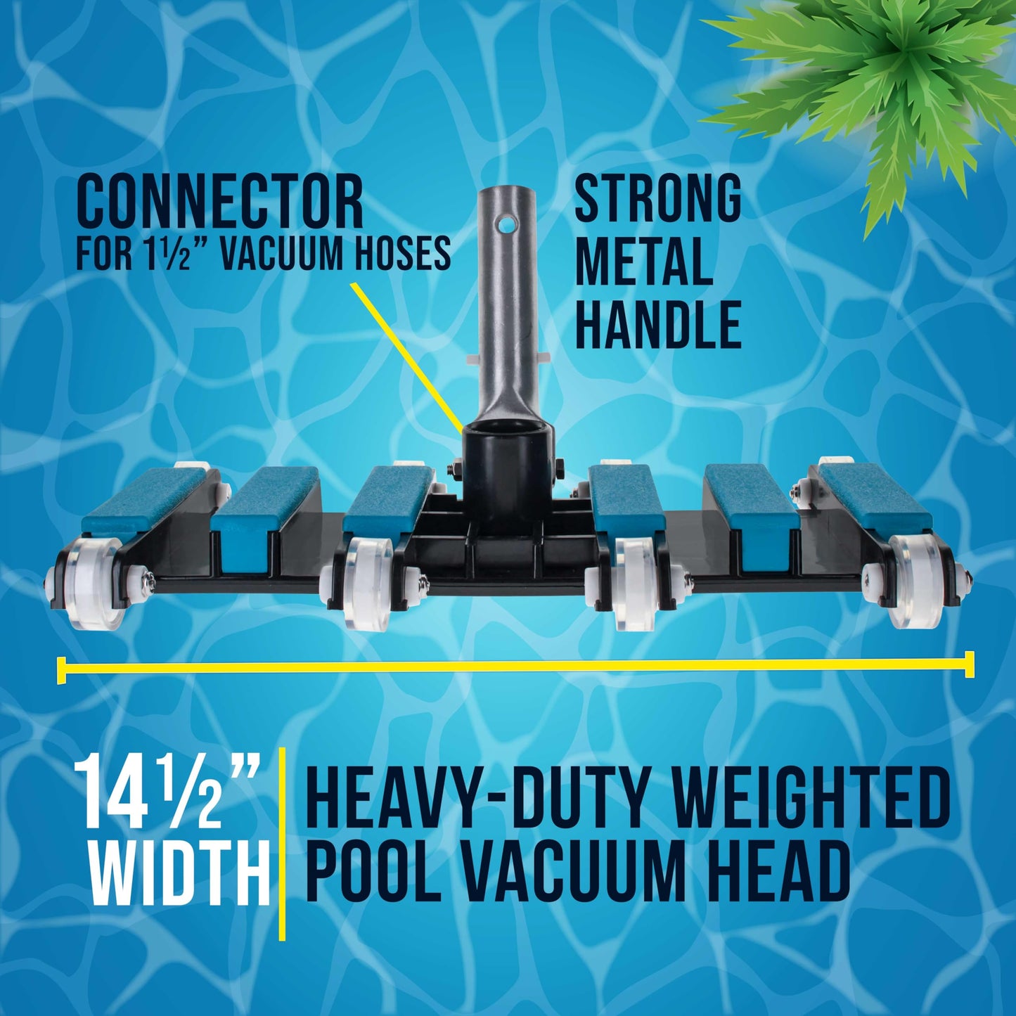 U.S. Pool Supply Manual Pool Vacuum Head for Inground Pools, Flexible, Extra-Wide, Weighted - 6 Weights, Blue, Connect 1.5" Hose, Metal Pole Handle - Swimming Cleaning Accessory Attachment, Vac