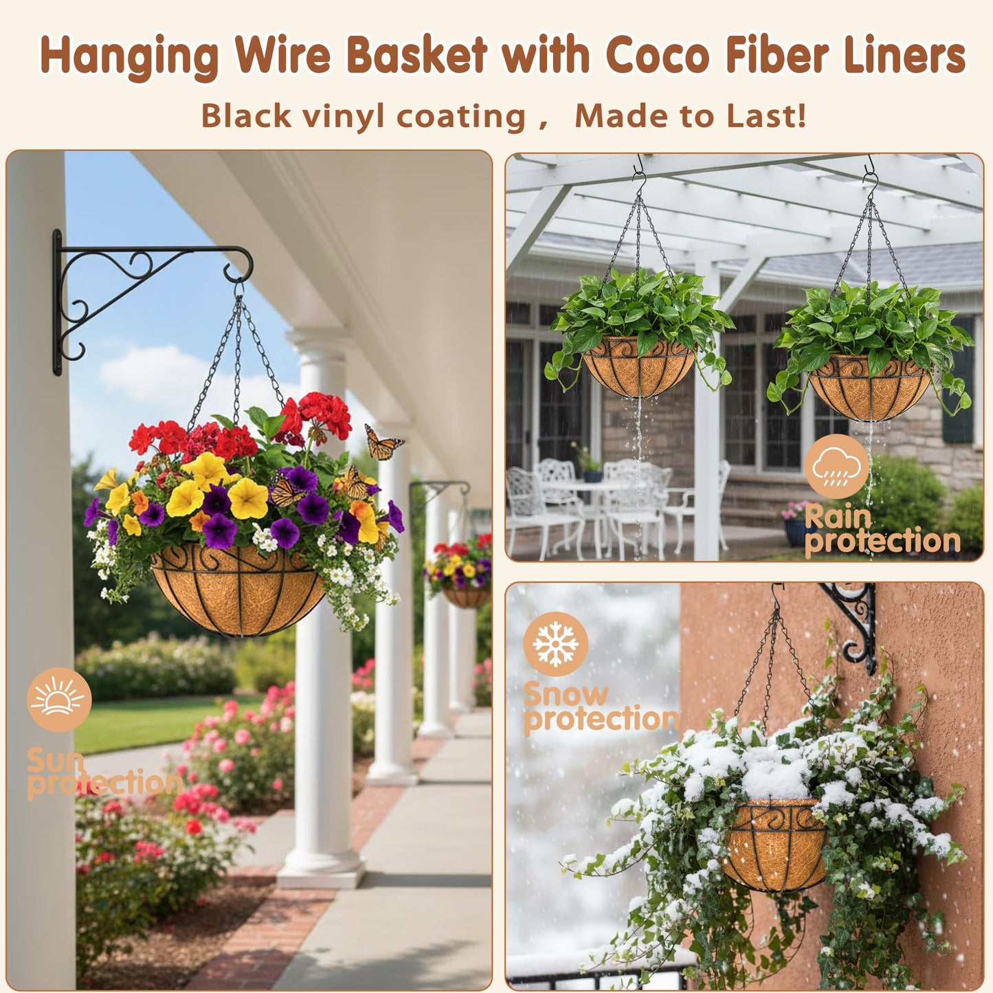 12 inch Metal Hanging Baskets For Plants Outdoor 4 Pack Round Metal Wire Hanging Basket Planter with Coco Fiber Liners Chain Round Wire Plant Holder for Garden, Patio, Deck, Porch Plants Flower Potss