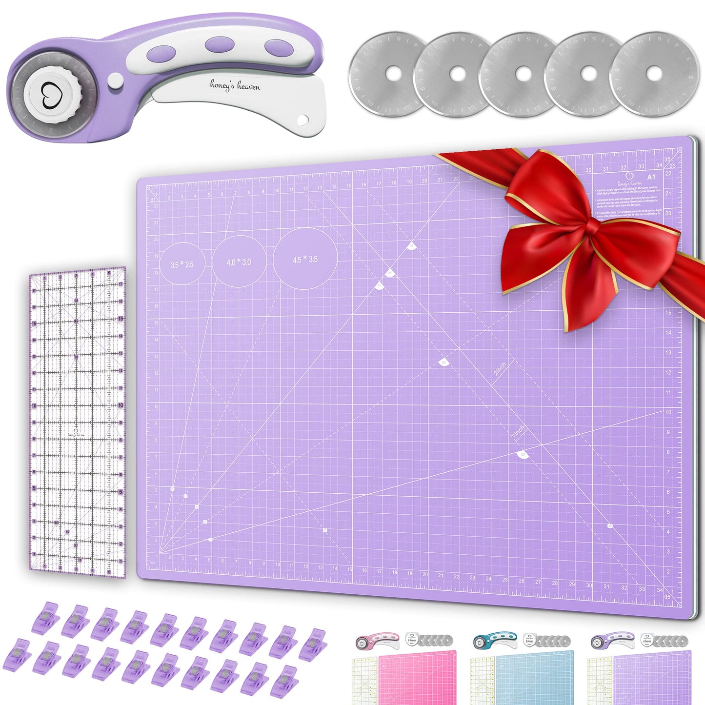 Rotary Cutter Set - Quilting Kit incl. 45mm Fabric Cutter, 5 Replacement Blades - Ideal for Crafting, Sewing, Patchworking, Crochet & Knitting (Lavender, A1 Set (36" x 24"))