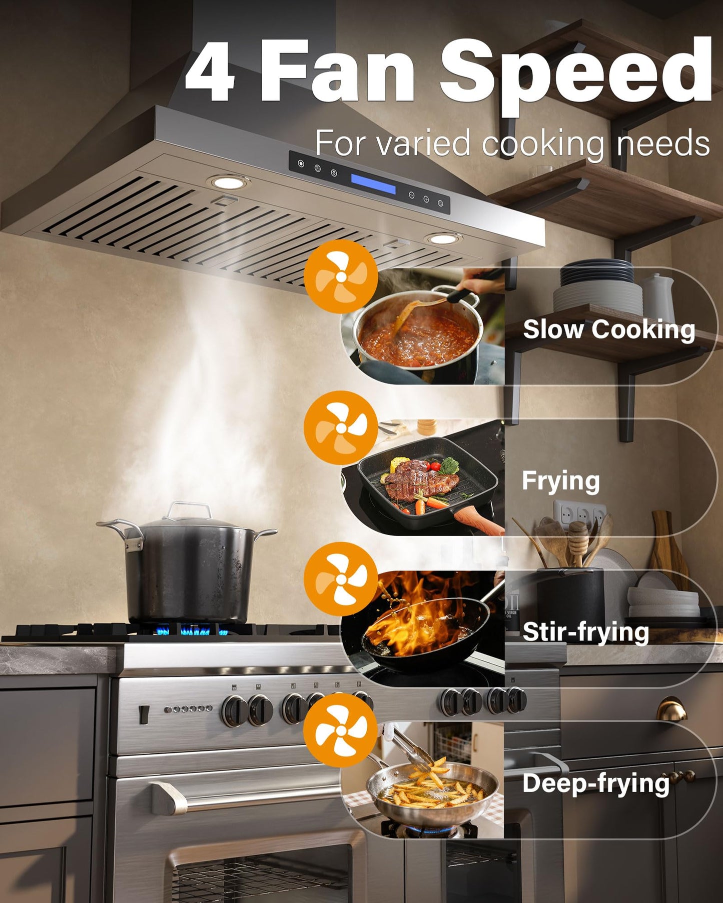 FlyPine 36 inch Stainless Steel Wall Mount Range Hood - 900 CFM, Ultra-Quiet 4-Speed Vent, Touch/Remote Control LCD, LED Lights, Ducted/Ductless Convertible