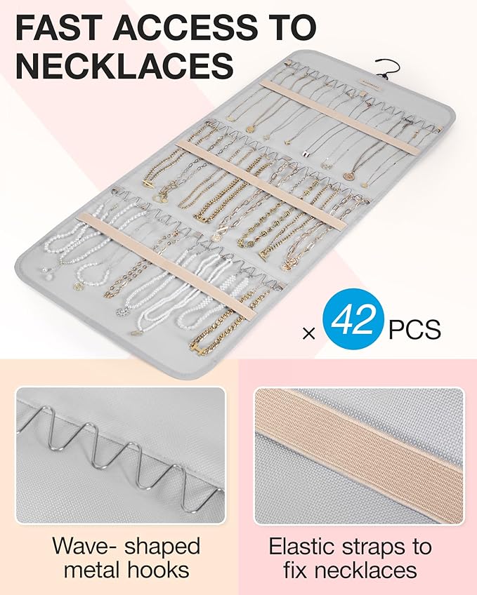 BAGSMART Hanging Jewelry Organizer Storage Roll with Hanger Metal Hooks Double-Sided Jewelry Holder for Earrings, Necklaces, Rings on Closet, Wall, Door, 1 piece, Large, Grey
