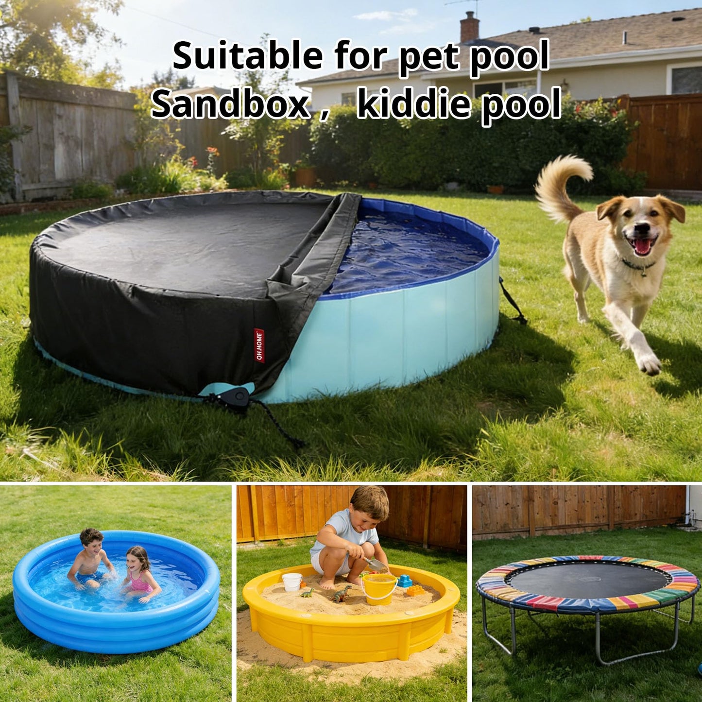 QH.HOME 55.1 inch Kiddie Pool Cover Round, Collapsible Dog Pool Cover with Super Windproof Ratchet Design, Odorless Waterproof Fabric Material and - Only Cover