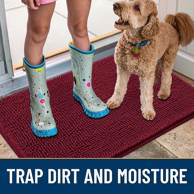 Smiry Dog Door Mat for Muddy Paws 47x24, Absorbs Moisture and Dirt Doormat, Non-Slip Washable Quick Dry Chenille Front Door Mat Indoor Entrance, Entryway Carpet for Inside Floor, Red