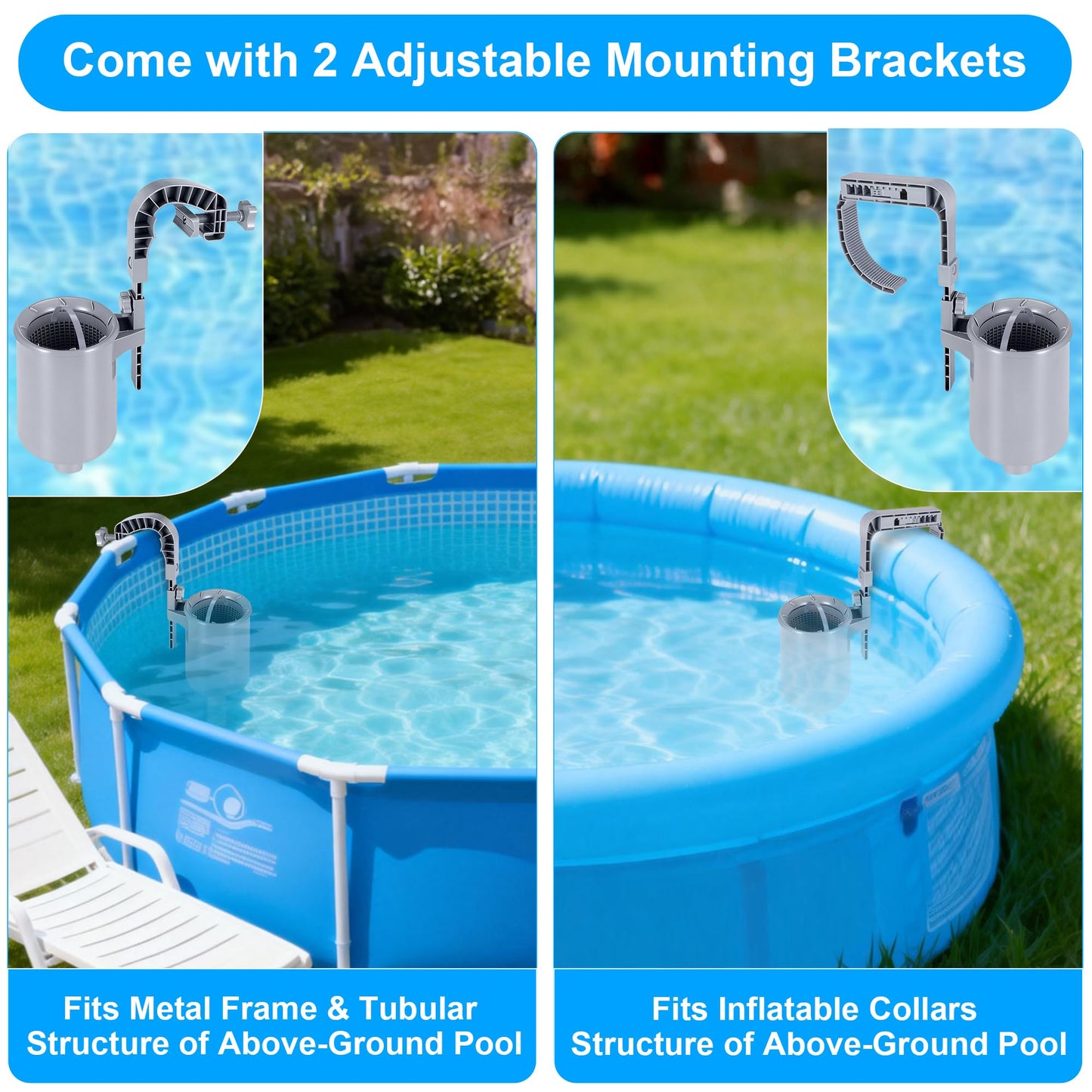 Toodour Above Ground Pool Skimmer, Wall Mount Floating Surface Skimmer with Removable Skimmer Basket & 10 Skimmer Socks, Adjustable Floating Pool Filter for Inflatable Collar/Tubular/Metal Frame Pools
