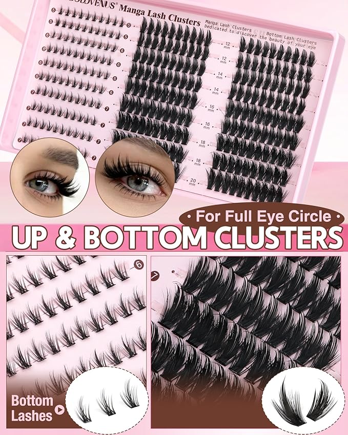 Goddvenus Manga Lash Clusters Kit Natural 280Pcs Cluster Eyelash Extensions Kit Wispy Anime Eyelash Clusters Fairy Fluffy DIY Individual Lash Extensions Kit C Curl 12-20mm