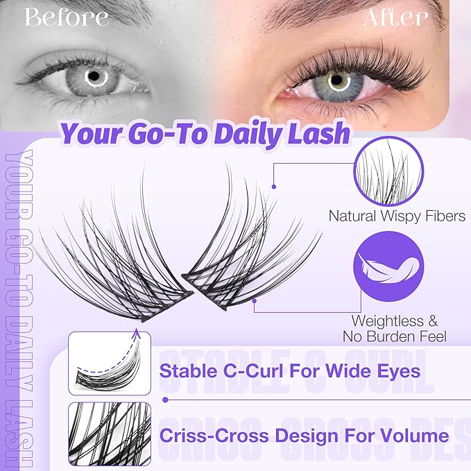 Natural Lash Clusters Kit Wispy Lash Extension Kit Waterproof Lash Clusters C Curved Cluster Eyelash Extensions Kit 144pcs Individual Lashes 10-16mm Eyelash Extension Kit by Lanflower