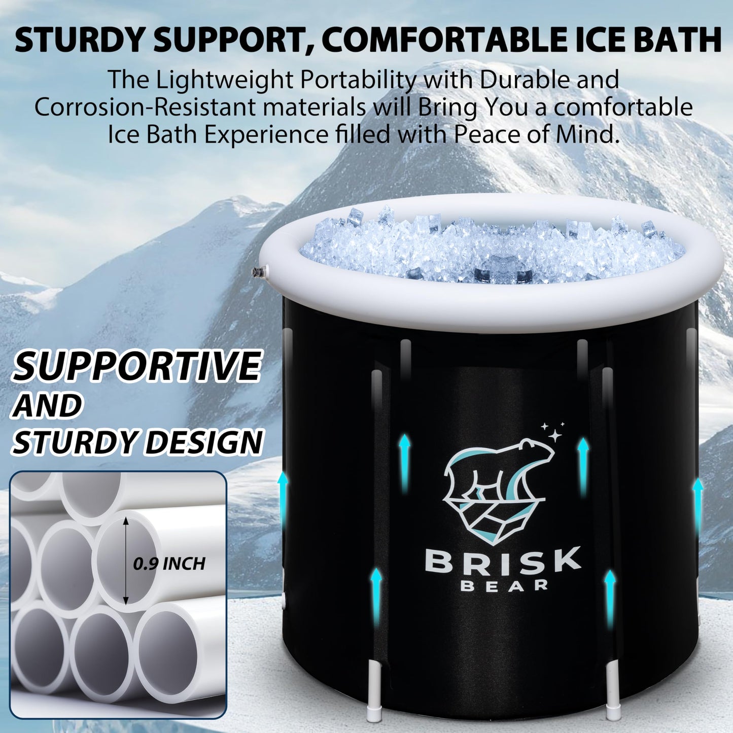 Ice Bath Tub for Athletes with Cover by Brisk Bear - Extra Large Cold Plunge Tub for Recovery - Inflatable Ice Bath Plunge Pool with Digital Timer - Cold Plunge to Soothe Muscles - Black Ice Tub