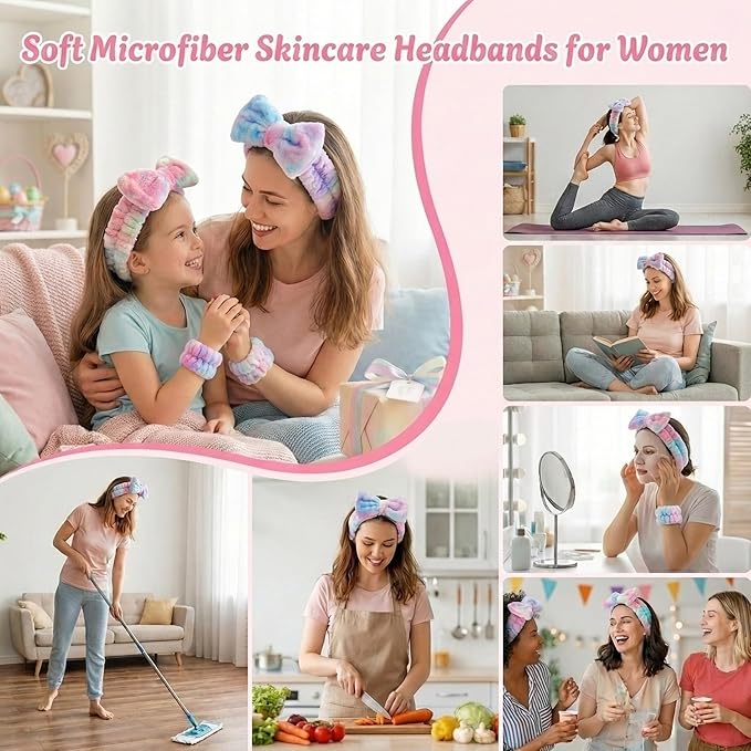 8 Pcs Spa Headband and Wristbands Set for Washing Face, Soft Face Wash Headbands Wrist Bands for Women with Scrunchies, Absorbent Wrist Towels, Makeup Hairband for Skincare, Yoga, and Teen Girls Gifts