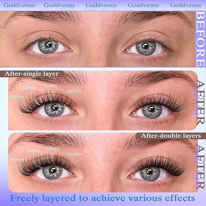 Goddvenus Wispy Lash Clusters 10-16mm Lashes Clusters Eyelash Extensions Natural Individual Lashes 144pcs D Curl Lash Extension DIY Soft Comfortable Eyelash Clusters with Cotton Band