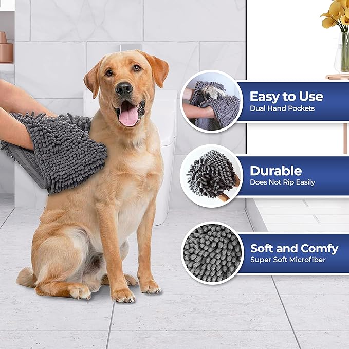 Muddy Mat Doggy Dryer, Highly Absorbent Microfiber Washable Dog Shammy Quick Drying Towel Absorber - Extra Soft Plush Wrap Chenille Bath Towels to Dry Soggy Large Pets & Small Puppy-Grey 13"x31"