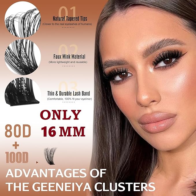 Geeneiya 16MM Volume Lash Clusters Kit DIY Lash Extension Kit D Curl Eyelash Extensions with Waterproof Lash Bond and Seal Waterproof Tweezers,Only 16MM, 80D+100D