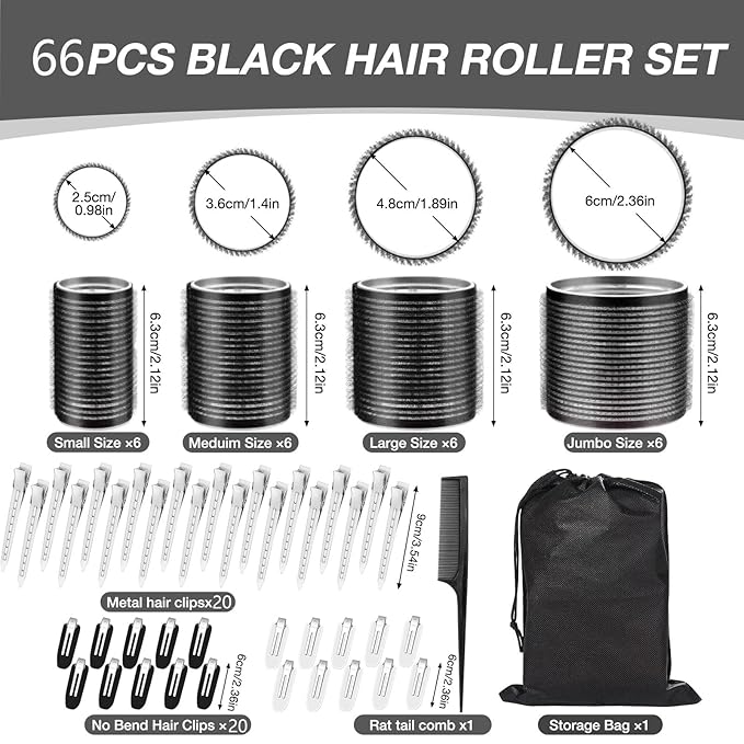 66 Pcs Hair Rollers for Women, Rollers Hair Curlers, 24 Pcs in 4 Sizes(60/48/36/25 Mm) with 40 Stainless Steel Clips, Self Grip Holding Rollers for Hair, Long, Medium, Short, Storage Bag, Comb