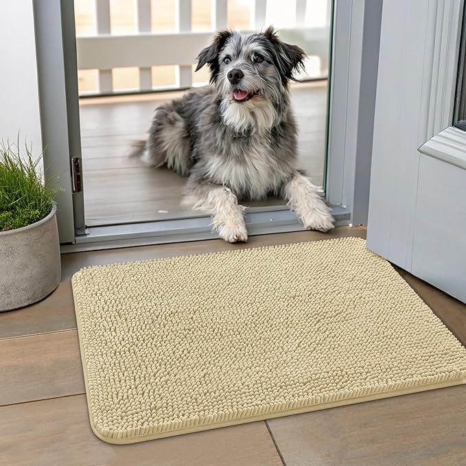 Smiry Dog Door Mat for Muddy Paws 24x16, Absorbs Moisture and Dirt Doormat, Non-Slip Washable Quick Dry Chenille Front Door Mat Indoor Entrance, Entryway Carpet for Inside Floor, Cream White
