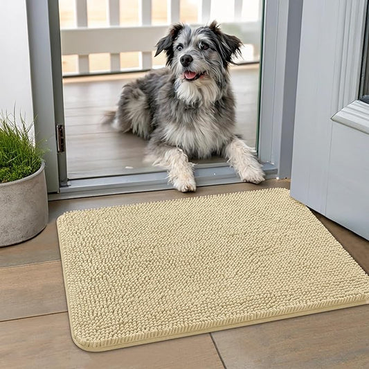 Smiry Dog Door Mat for Muddy Paws 24x16, Absorbs Moisture and Dirt Doormat, Non-Slip Washable Quick Dry Chenille Front Door Mat Indoor Entrance, Entryway Carpet for Inside Floor, Cream White