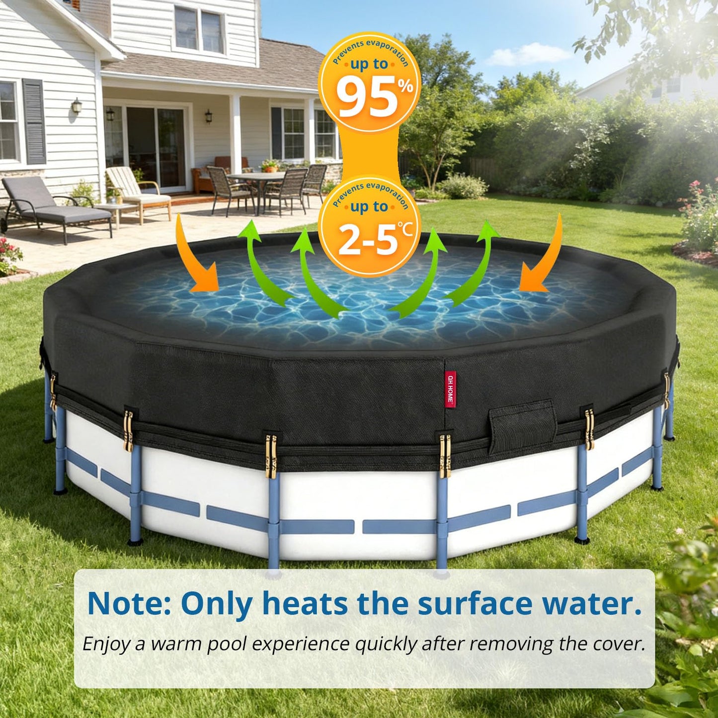 QH.HOME 12Ft Round Pool Cover,Super Windproof Ratchet Straps (1,500lb Break Strength)-Effective Installation/Removal,Pool Cover for Above Ground Pools,Snug Fit,Blocks Leaves, Sun & Water