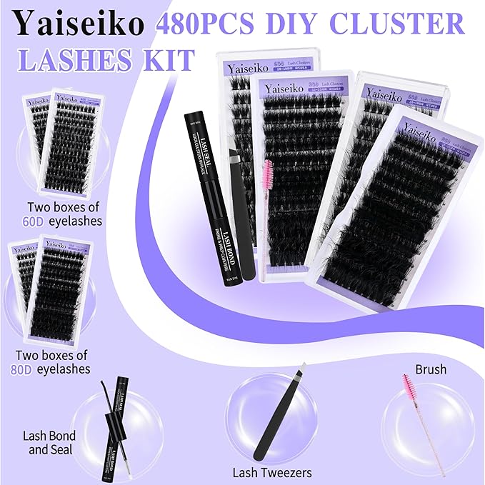Lash Clusters Kit Gift Packs Fluffy 60D 80D Individual Lashes D Curl Cluster Eyelash Extensions DIY Lash Extension Kit 480Pcs with Lash Bond and Seal Waterproof, Lash Applicator, False Eyelashes Kit