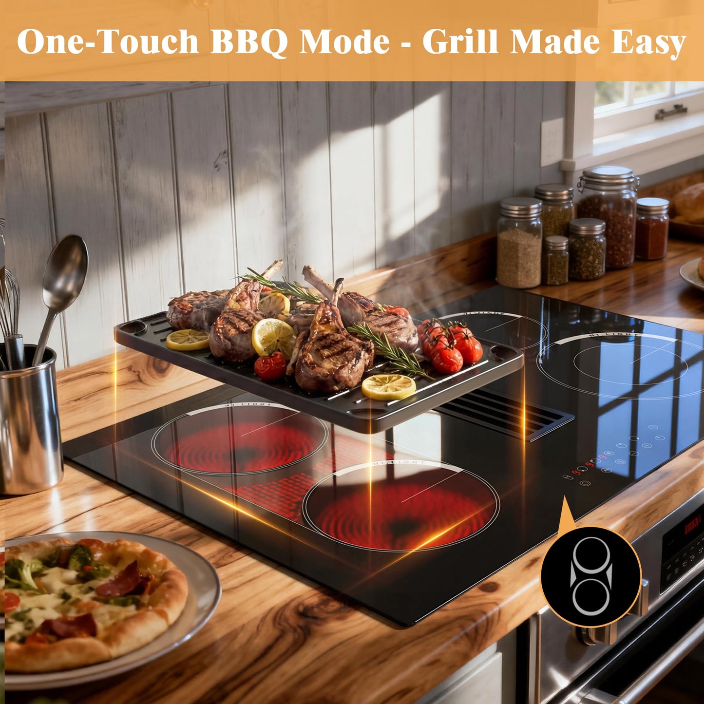 Cooksir 30 Inch Electric Cooktop with Ductless Downdraft - 4 Burner Built-in Stove 7400W, 30" Electric Stove Downdraft Range Hood 135W, Timer, Safety Lock, 220V Hard Wired, Recirculating Air Vent
