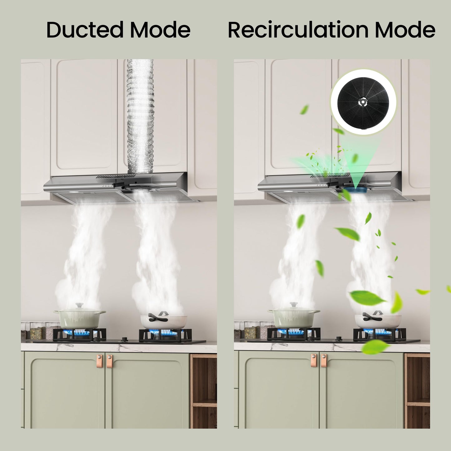 FIREGAS Under Cabinet Range Hood 30 inch, Ducted/Ductless Convertible Kitchen Hood Over Stove Vent, LED Light, 3 Speed Exhaust Fan, Reusable Aluminum Filters, Push Button, with Charcoal Filter