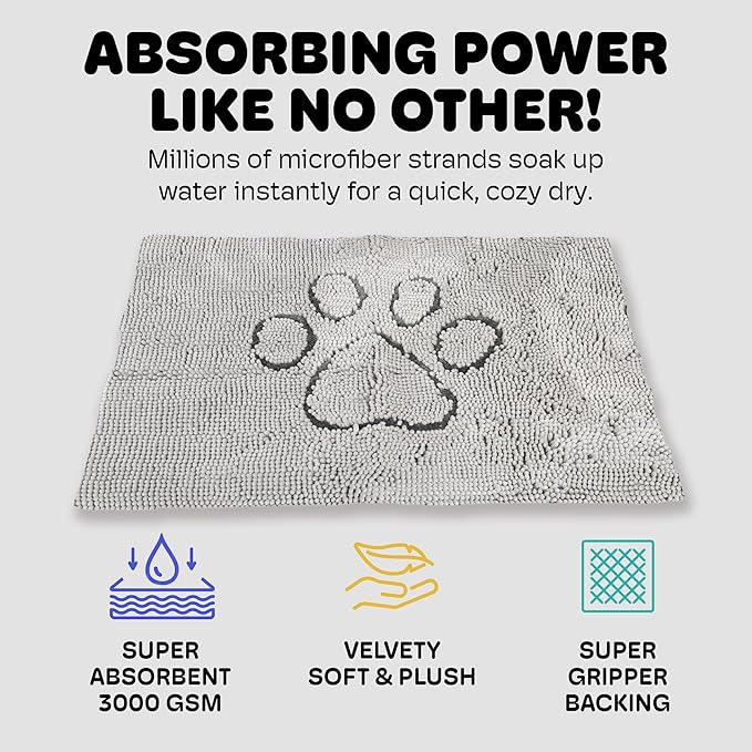 Dog Gone Smart Dirty Dog Doormat - Fast Drying Rug with Super Gripper Backing for Clean Floors - Super Absorbent and Machine Washable Mat for Muddy Paws - Silver Grey