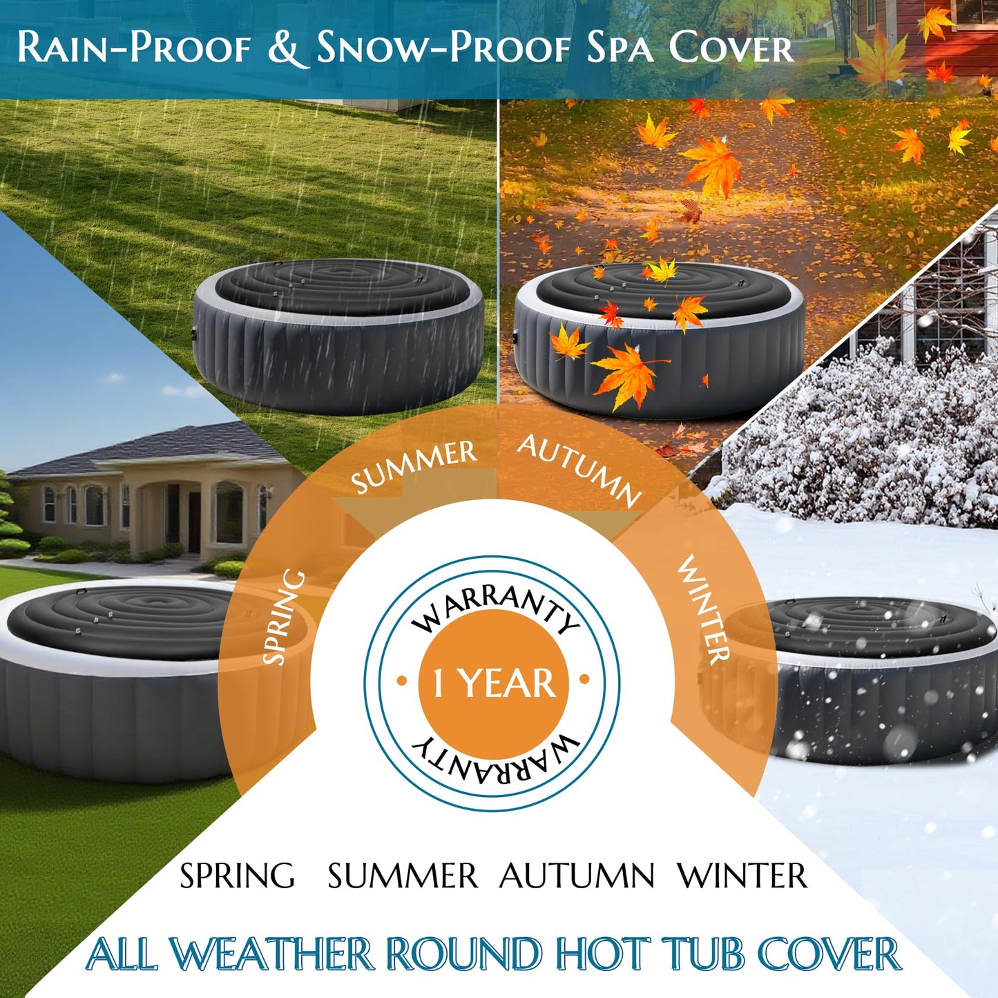 Inflatable Hot Tub Cover Round, Fits Saluspa Coleman Intex Cover, Thermal Insulated & Energy-Saving Weatherproof Protector, Unique Design Flexible Adjust Pool Cover Size Replacement-Life Time Support